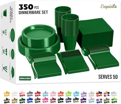 350 Pcs Emerald Green Plastic Plates for Party Emerald Green Disposable Plates Set 50 of Each 9 Dinner Plate Set 7 Dessert Plate Cups Napkins & Cutlery Plastic Dinnerware Set Exquisite by Exquisite