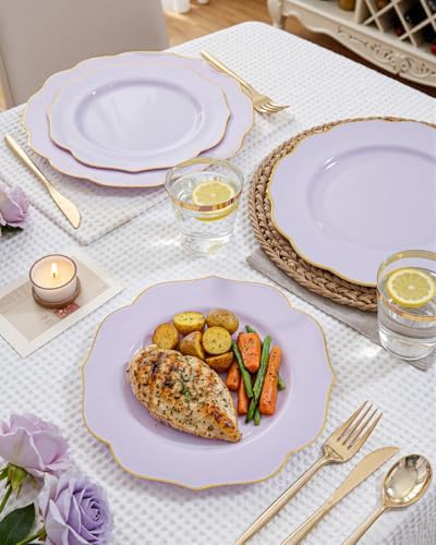 bUCLA 180PCS Purple Plastic Plates - Disposable Purple with Gold Rim, Include 30 Each (Dinner & Salad) Plates, 30 Knives, 30 Forks, 30 Spoons, 30Cups for Party, Shower & Birthday - Image 6