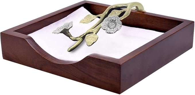 Napkin Holder - Solid Wood Brown Finish Home Decor & Kitchen Decor Table Countertop Serviette & Tissue Holder with Metal Ornament Arm in Silver Gold Finish - Indoor and Outdoor Use - Floral Design