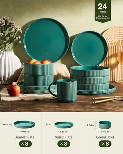 Famiware Stoneware Dinnerware Sets for 8, 24pc Rimmed Plates, Bowls, Dishes - Image 6
