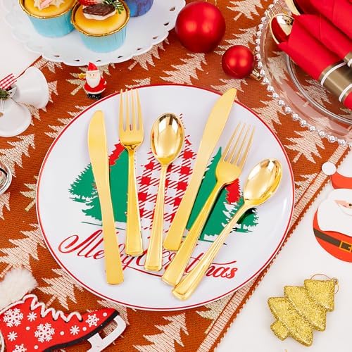 Supernal 30 Pack Pre Rolled Gold Plastic Silverware with Red Napkins - Image 3