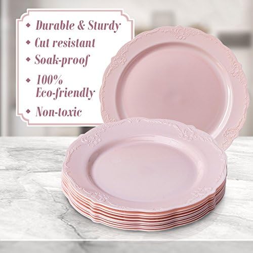 Vintage Collection Set of Blush Dinner, Salad & Dessert Plates - High Quality Embossed Rim Design Disposable Dinnerware - Great for Formal Dinners, Weddings, and Holidays (Set of 30) - Image 5