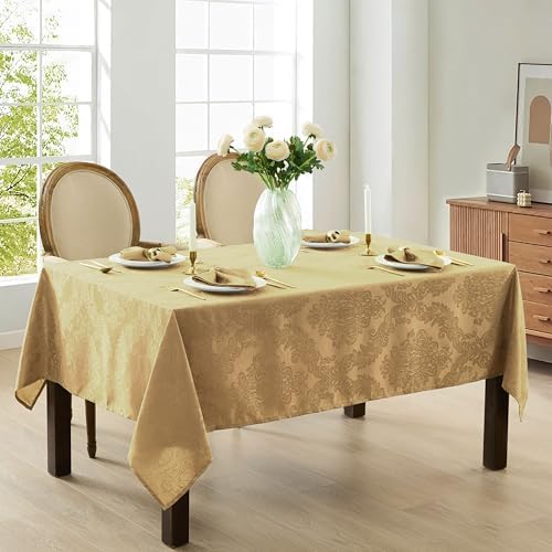 Newbridge Barcelona Damask Fabric Tablecloth, 60 x 120 Inch Rectangle, Gold – No Iron, Soil Resistant Table Cover for Dining, Parties and Holidays - Image 2