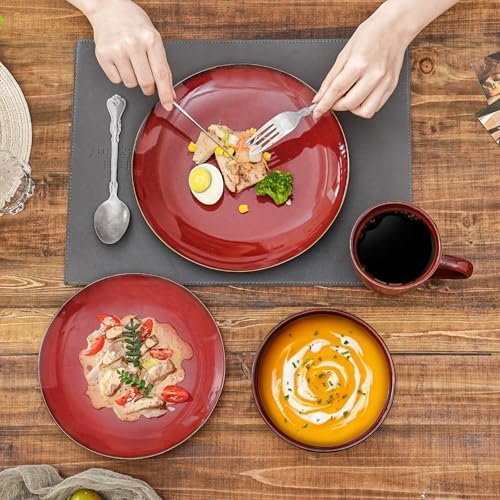 vicrays Ceramic Round Plates Set of 6 - Porcelain 10 inch Dinner Plates for Salad Dessert Appetizer Bread - Microwave Oven and Dishwasher Safe Cherry Red - Image 2