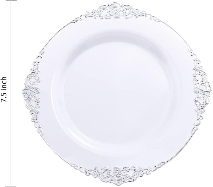 Hioasis 100pcs White Silver Plastic Plates for Party - 7.5" Dessert Plates Disposable, Heavy -duty, Classy and Elegant for Wedding