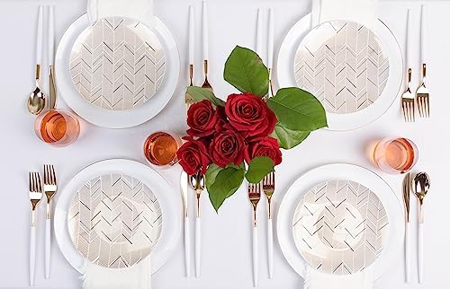 PLASTICPRO 64 Pack Elegant Disposable Plastic Plates Combo Set Includes 32 Dinner Plates and 32 Salad Plates Heavy Duty Fancy Party Plates Gold and Black Zig Zag Design - Image 3