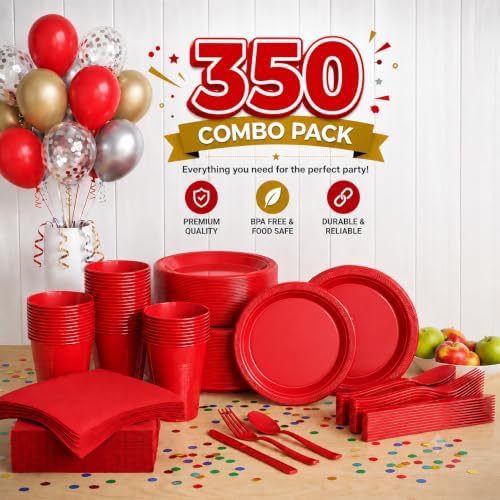 Exquisite 350 Pcs Red Plates and Napkins Party Supplies Plate Sets - Image 2
