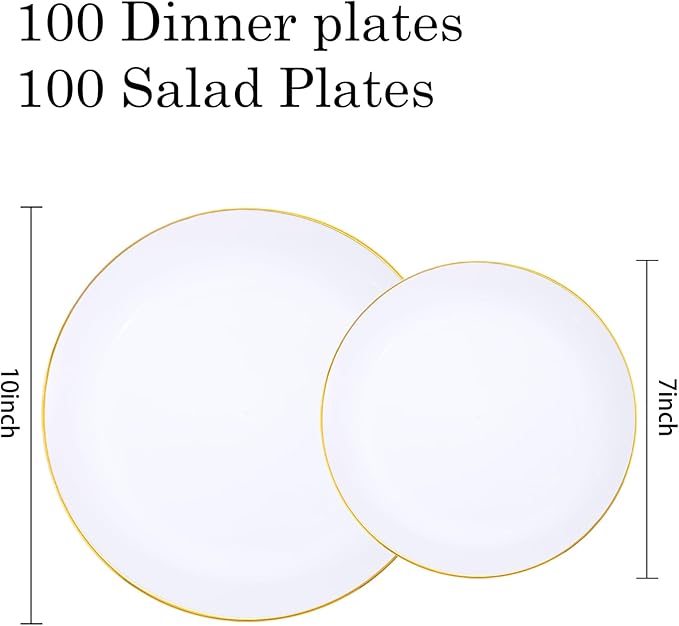 KIRE 200PCS Gold Plastic Plates - Disposable Plates for Party - White Plastic Plates with Gold Rim Include 100 for Dinner and 100 for Dessert/Salad in Wedding/Valentine's Day/New Year