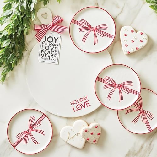 Santa Barbara Design Studio Christmas Appetizer Plates - Set of 4 Small Ceramic Plates, 5.25" Diameter, Red Bow - Image 2