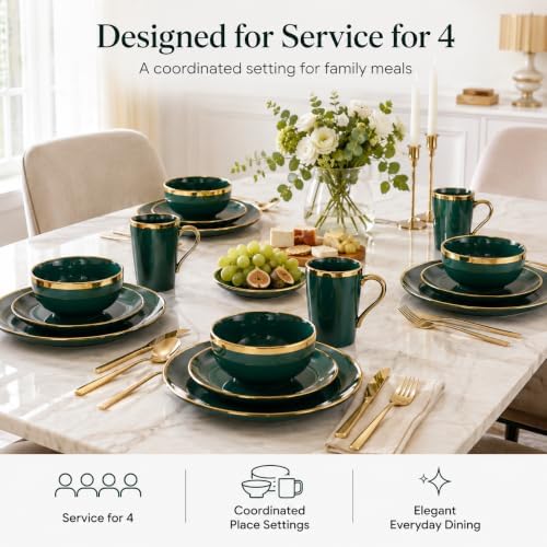 Green and Gold Dinnerware Set for 4, 16-Piece Porcelain - Image 5