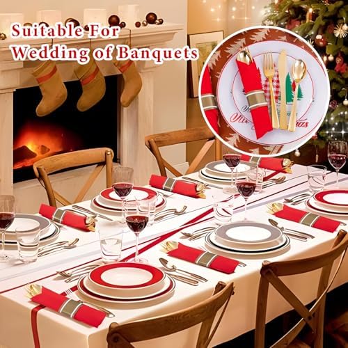 Supernal 30 Pack Pre Rolled Gold Plastic Silverware with Red Napkins - Image 5