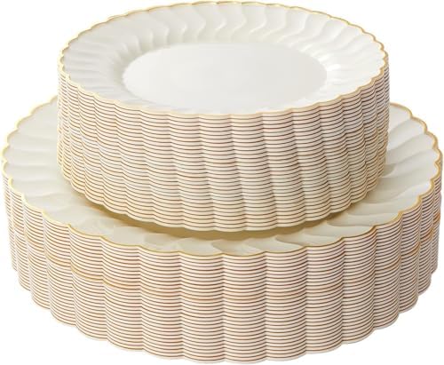 Lullaby 60PCS Ivory Scalloped Plastic Plate with Gold Rim for Party Wedding by LULLABY