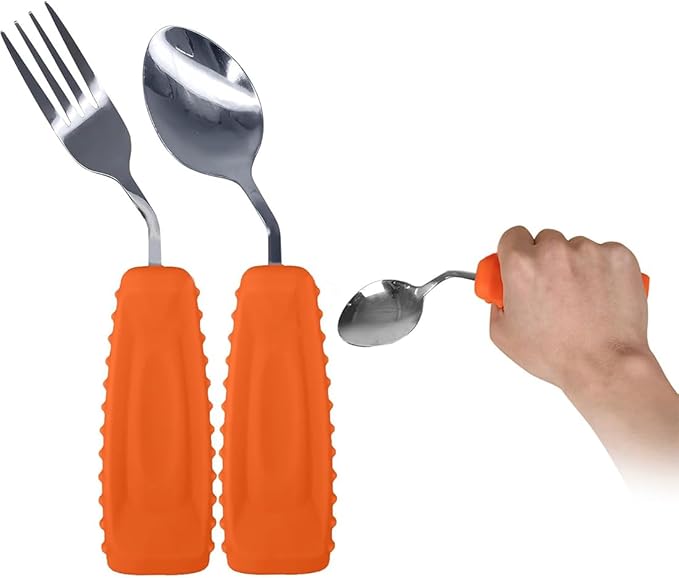 Adaptive Utensils Angled Spoon and Fork for Hand Tremors Parkinsons,Weighted Utensils with Non-Slip Easy Grip Handles for Independent Eating (1pcs Spoon+1pcs Fork=2 pcs,Orange,Right Hand)