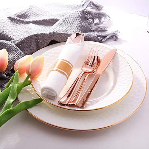 Supernal 30 Pack Pre Rolled Rose Gold Plastic Silverware, Linen Napkin - Image 3