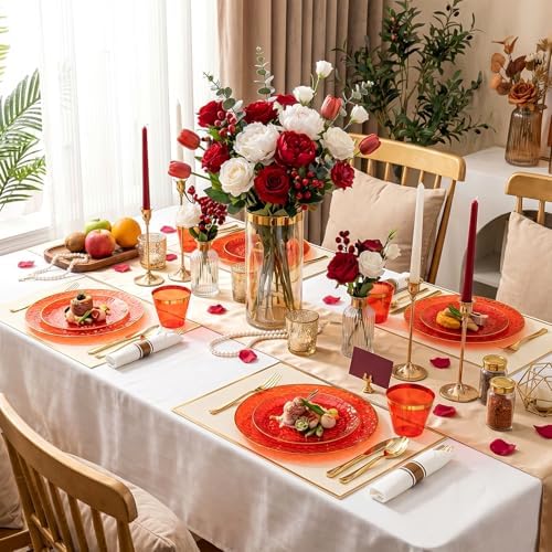 Rubtlamp 700Pcs Red Gold Plastic Dinnerware Set, Hammered Red Gold Plates, Fancy Plastic Plates Include 100 Dinner Platos, 100 Salad Platos, 100 Cups,100 Pack Pre Rolled gold plastic Silverware - Image 7