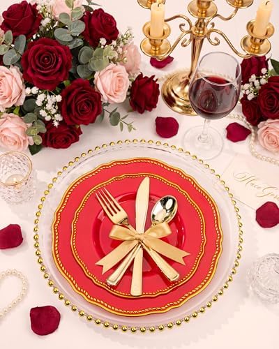 Hioasis 175 Pcs Red Gold Plastic Plates Wedding & Party - Image 7