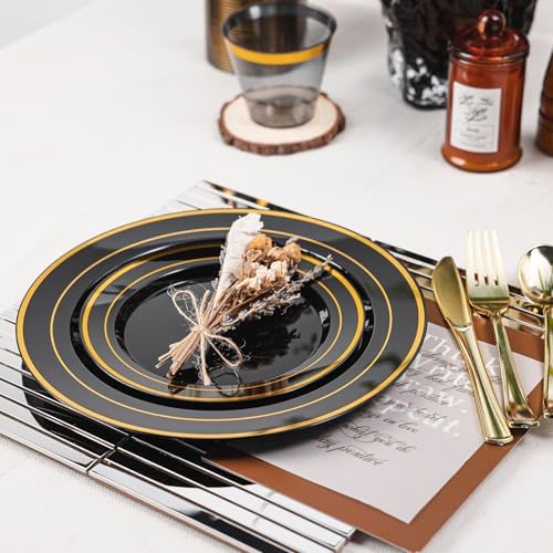 N9R 600PCS Black Gold Plastic Plates, Disposable Dinnerware Set for Party - Image 3
