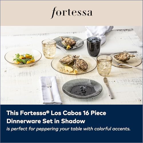 FORTESSA Los Cabos Tableware, 16-Piece Glass Dinnerware Set with 4 Dinner Plates, 4 Salad Plates, 4 Coupe Bowls and 4 Cereal Bowls, Dishwasher-Safe Glass Plate Set, Shadow Black - Image 3