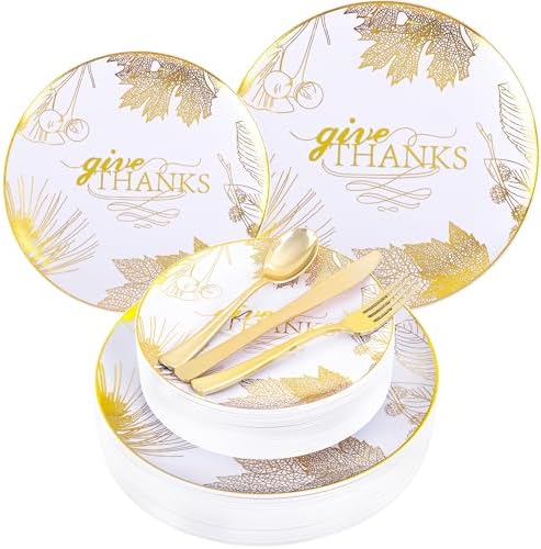 125PCS Thanksgiving Plastic Plates - Gold Disposable Dinnerware Sets - Thanksgiving Maple leaf Plates with Silverware for 25 Guests for Autumn Harvest Party Decor by Joyido
