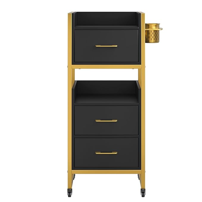 OmySalon Salon Trolley Cart, Hair Styling Station with 3 Drawers, 2 Open Shelf & Tool Holders, Mobile Barber Storage Cabinet Utility Trolley for Beauty Salon Spa,Black