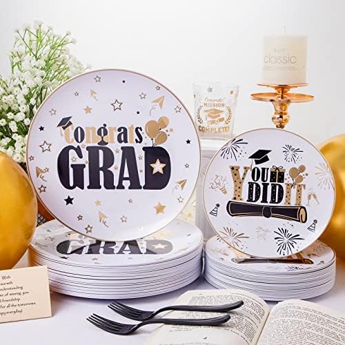 Liacere 150PCS Graduation Plastic Plates - Disposable Black and Gold, Graduation Party include 50Plates 25Knives 25Forks 25Spoons 25Cups - Image 3