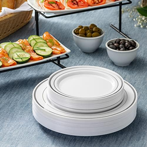 SETUP [60 Piece Combo Silver Trim Plastic Plates - Premium Heavy-Duty 30 Disposable 10.25" Dinner Party Plates and 30 Disposable 7.5" Salad Plates - Image 3