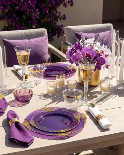 Nervure 350Pcs Purple Plastic Plates, Plastic Dinnerware Set for 50 Guests - Image 4