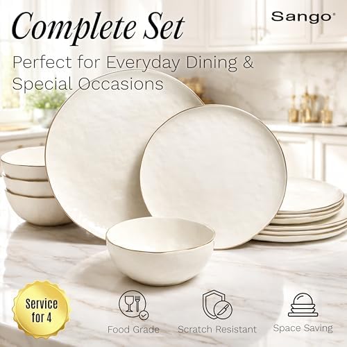 Sango 12-Piece Lightweight Porcelain Dinnerware Set for 4, Glossy Vanilla White Plates and Bowls Sets, Gold Rims, Farmhouse Ceramic Dish Set, Rustic Dishes, Microwave and Dishwasher Safe, Gansevoort - Image 4