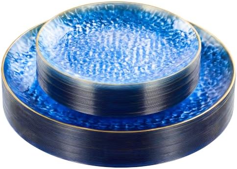 realluck 50Pcs Clear Blue Plastic Plates with Gold Rim by Realluck