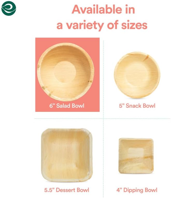ECO SOUL 100% Compostable, Biodegradable, Disposable Palm Leaf Bowls |6 inch, 16oz, pack of 50 (Round) | Like Bamboo Bowls, Eco-friendly | Sturdy, Microwave & Oven Safe