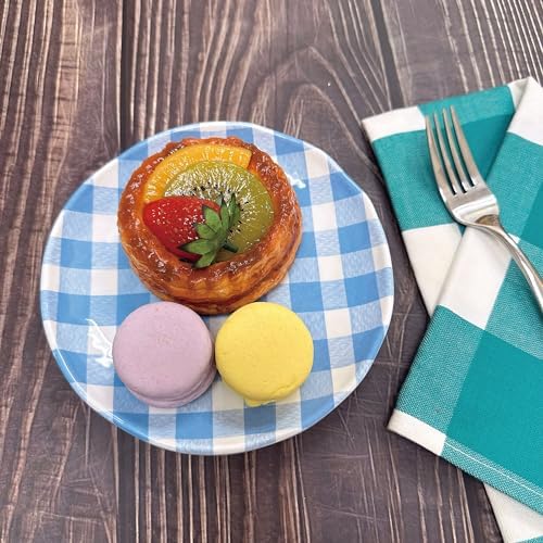 UP Gingham Melamine Round Dessert Plates, Small Serving Plates, for Appetizer, Snacks, and Side Dishes, Blue, 6 Inch, Set of 4 - Image 2