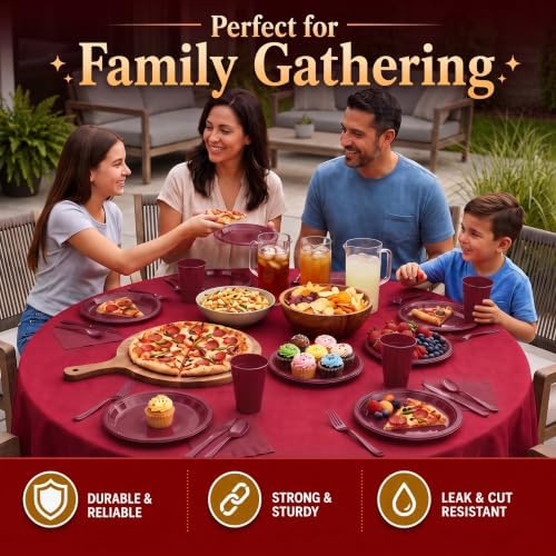 Exquisite 350 Pcs Burgundy Plastic Plates For Party, Burgundy Disposable Plates Set, 50 Of Each 9" Dinner Plate Set, 7" Dessert Plate, Cups, Napkins & Cutlery Plastic Dinnerware Set - Image 6