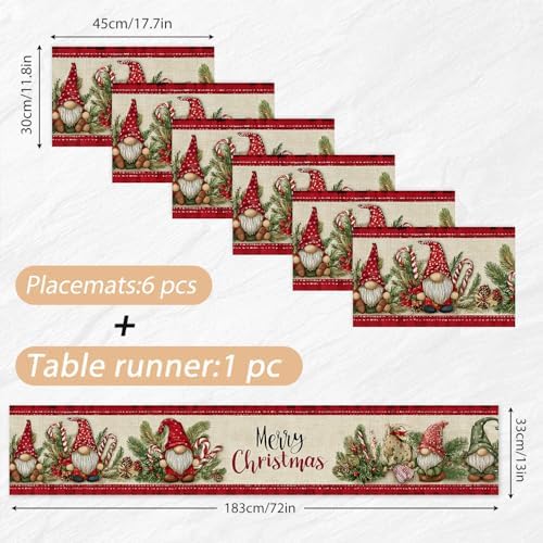 ANNA QUEEN Christmas Gnome Table Runner and Placemats Set of 6, 13"x72" Rustic Table Runner with 12"x18" Placemats, Farmhouse Holiday Dining Table Set - Image 2