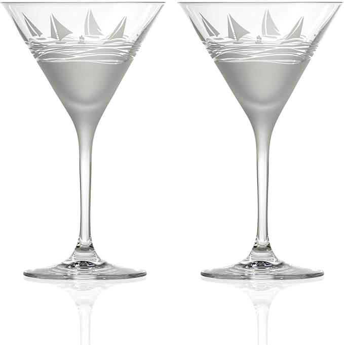 Rolf Glass Regatta 10oz Martini Cocktail Glass | Set of 2 Lead-Free Glasses | Proudly Made in the USA | Engraved Martini Glasses | Nautical Sailboat Design