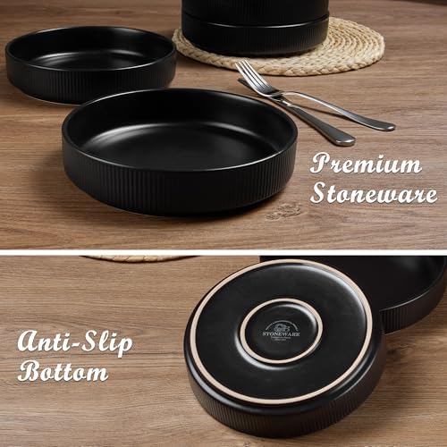 E-far Pasta Bowls Set of 4, 35oz Large Salad Bowl Plate for Dinner Serving Soup, Wide & Shallow Ceramic Stoneware Pasta Plates, Microwave & Dishwasher Safe, Reactive Glaze Texture-Stripe, Matte Black - Image 5