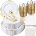 Morejoy 350PCS White and Gold Plastic Plates,Gold Plastic Dinnerware Sets by Morejoy