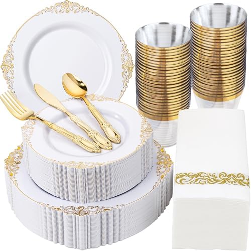 Morejoy 350PCS White and Gold Plastic Plates,Gold Plastic Dinnerware Sets by Morejoy