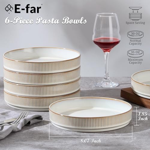 E-far Pasta Bowls Set of 6, 35oz Large Salad Bowl Plate for Dinner Serving, Wide & Shallow Ceramic Stoneware Pasta Plates, Microwave & Dishwasher Safe, Reactive Glaze Textured Stripes, Creamy Beige - Image 2