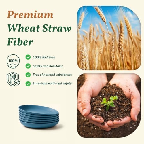 Homienly Wheat Straw Plates 8 inch Deep Dessert Plates Unbreakable Bread and Butter Plates Set of 6 Micorowave and Dishwasher Safe Camping Plates Stackable Plates for Apartment, Dorm (Blue) - Image 3