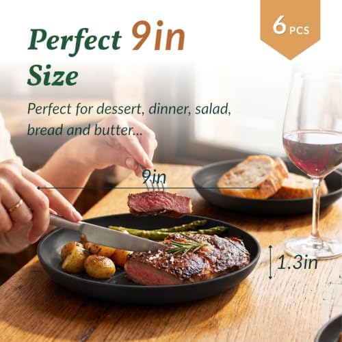 Homienly Wheat Straw Deep Plates 9 Inch Unbreakable Dinner Plates Set of 6 Reusable Plastic Plates for Salad, Bread & Butter, Breakfast, Microwave & Dishwasher Safe Camping Plates (Black) - Image 2