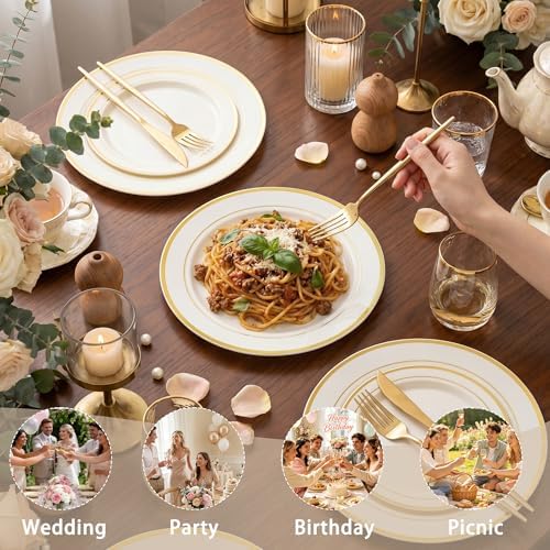 U-QE 100pcs Ivory Plastic Plates for Party - Ivory Gold Plastic Plates - Image 5