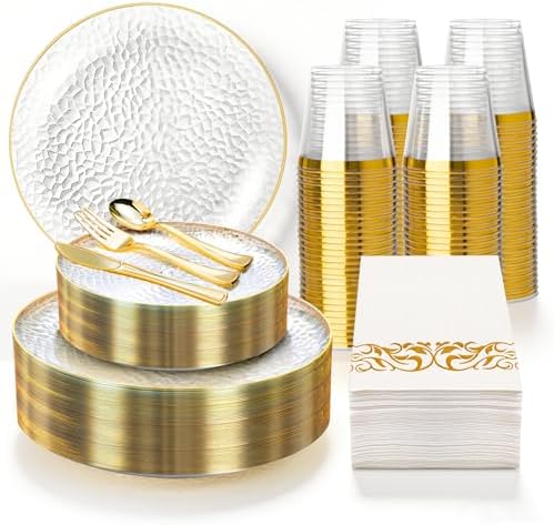 350PCS Clear Gold Plastic Dinnerware Set for 50 Guests by Unknown