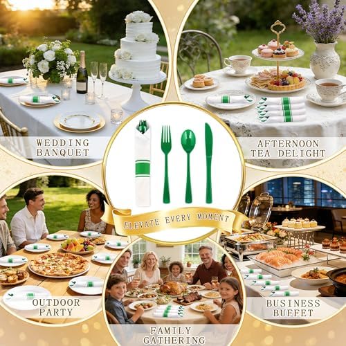 50 Pack Pre Rolled Green Plastic Silverware Set with Napkin - Image 4