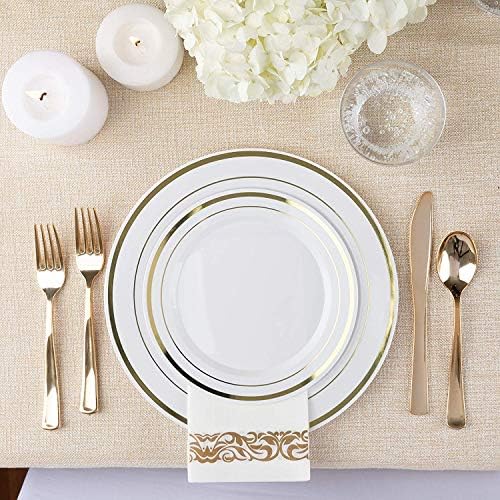 125-Piece White and Gold Fancy Plastic Plates Disposable with Silverware, Elegant Dinnerware for Weddings, Holiday Party China, Set of 25 Dinner + Salad Plates, 25 Spoons, 25 Forks, 25 Knives - Image 4