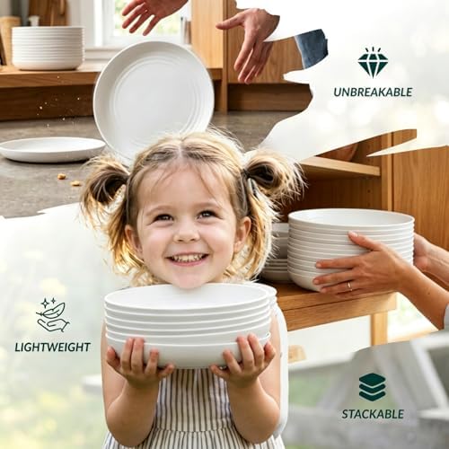 Homienly Deep Plates 12 PCS Wheat Straw Plates 9 Inch Unbreakable Plastic Plates for Salad, Sandwich,Bread and Butter Microwave & Dishwasher Safe Reusable Plates for Camping, Picnics (White) - Image 6