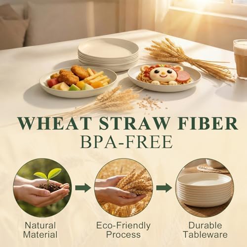 Kitchen Plates Set of 8, Plastic Plates Reusable 8 Inch - Beige - Image 3