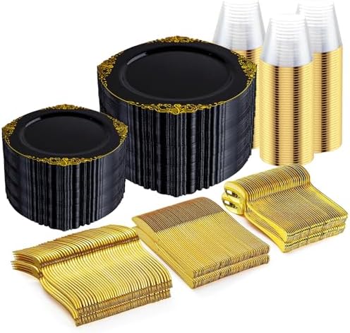Nervure 600Pcs Black Plastic Plates, Plastic Dinnerware Set for 100 Guests by Nervure