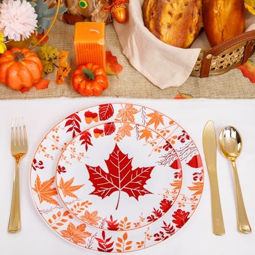 Liacere 150PCS Thanksgiving Plastic Plates- Include 30 Dinner Plates, 30 Dessert Plate,30 Forks, 30 Gold Spoons, 30 Gold Knives Perfect for Thanksgiving＆ Fall Plates - Image 4