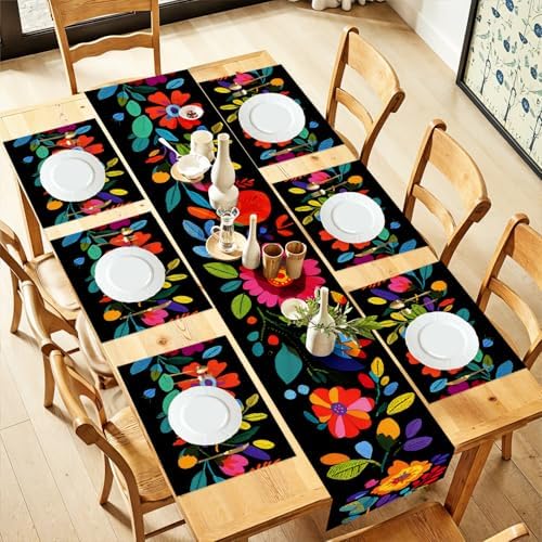 ANNA QUEEN Boho Floral Table Runner and Placemats Set of 6 – 13"x72" Table Runner & 12"x18" Placemats, Colorful Folk Embroidery Style Dining Table Decor by ANNAQUEEN