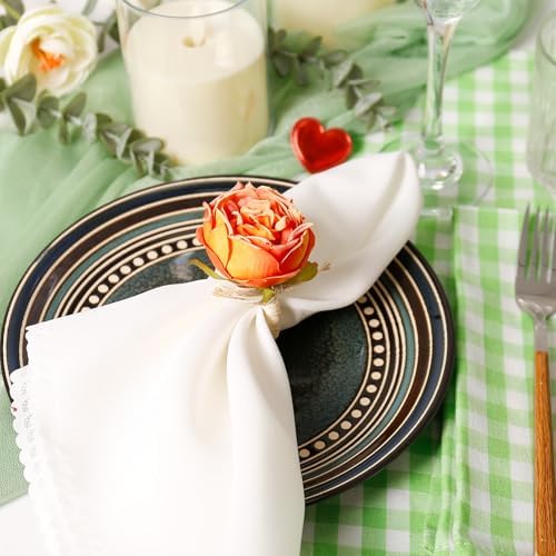 Handmade Flower Napkin Rings Set of 8, Orange Peony Napkin Holder Floral Rings With Jute Bow Buckles for Summer, Wedding, Banquet, Birthday, Christmas, Valentine's, Thanksgiving Table Decoration - Image 2